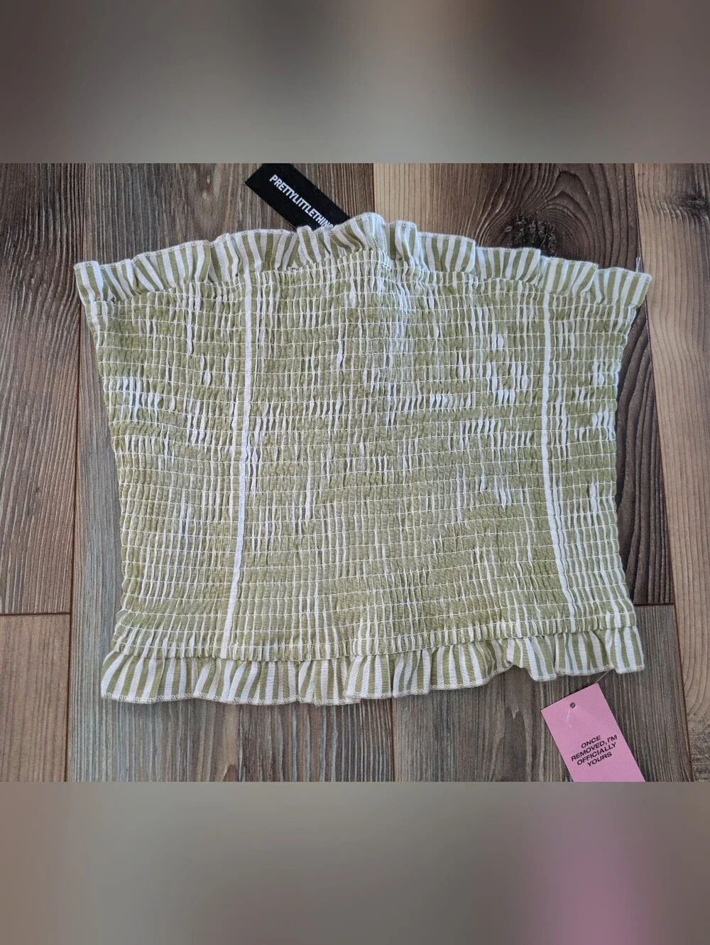 PRETTY LITTLE THING Sage Pinstripe Bandeau Frill Edge Shirred Top Co-ord 2 NWT
